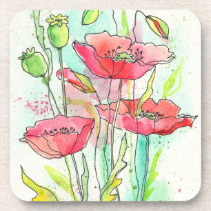 Painted watercolor poppies coaster