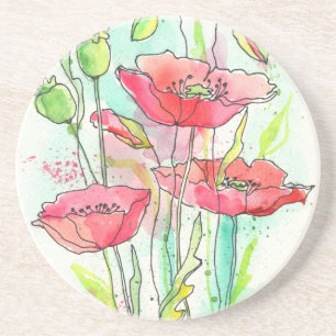 Painted watercolor poppies coaster