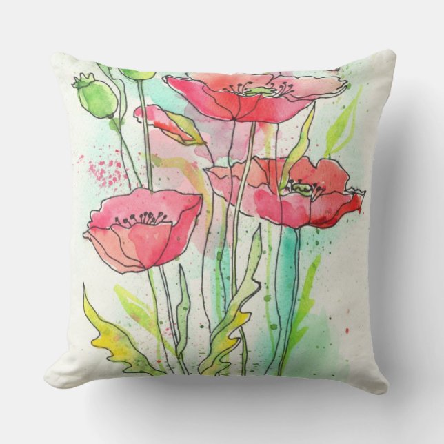 Painted watercolor poppies cushion (Front)