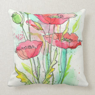 Painted watercolor poppies cushion