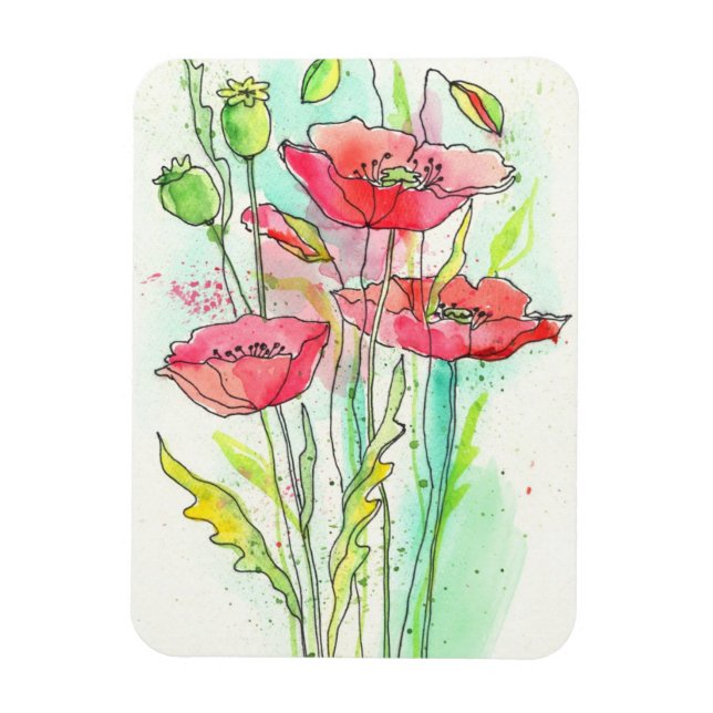 Painted watercolor poppies magnet (Vertical)