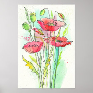 Painted watercolor poppies poster