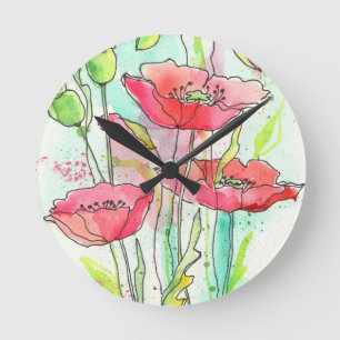 Painted watercolor poppies round clock