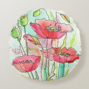 Painted watercolor poppies round cushion