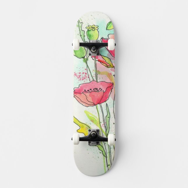 Painted watercolor poppies skateboard (Front)