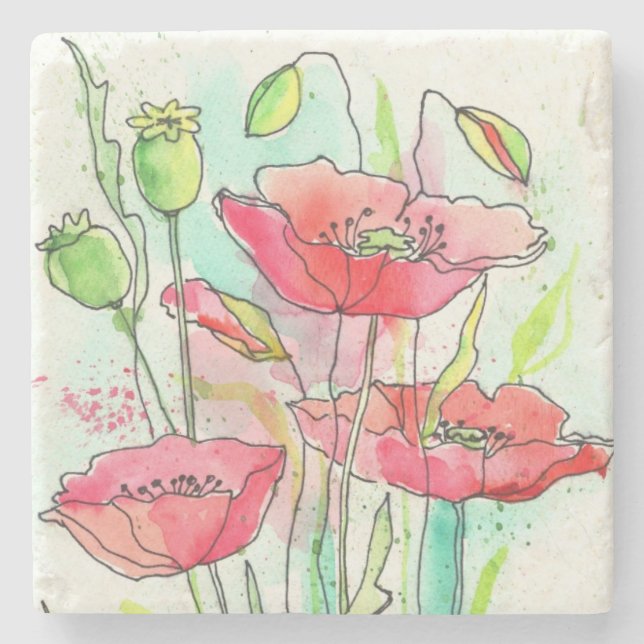 Painted watercolor poppies stone coaster (Front)