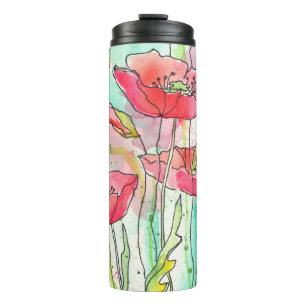 Painted watercolor poppies thermal tumbler