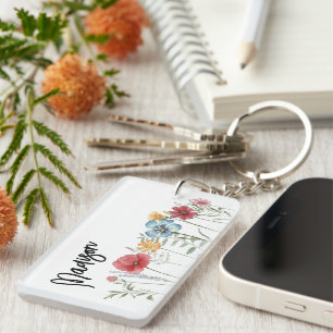 Painted Watercolor Wildflowers with Your Name Key Ring