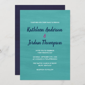 Painted Wedding Invite Turquoise, Navy Blue + Pink