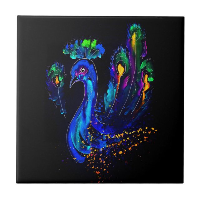 Painted Whimsical Peacock Ceramic Tile (Front)