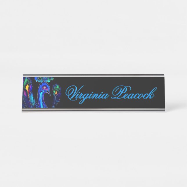 Painted Whimsical Peacock Desk Name Plate (Front)