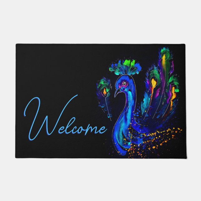 Painted Whimsical Peacock Doormat (Front)