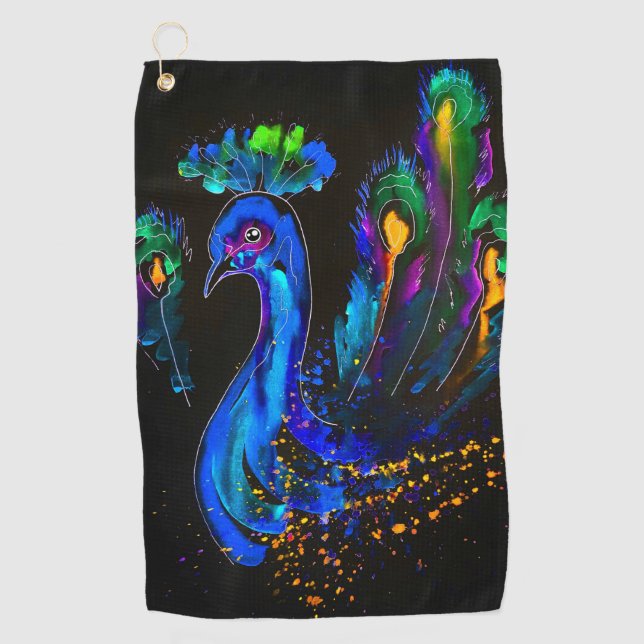 Painted Whimsical Peacock Golf Towel (Front)
