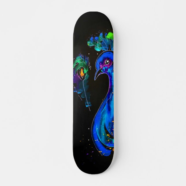Painted Whimsical Peacock Skateboard (Front)