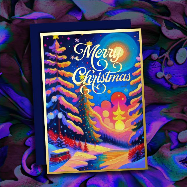 Painted Whimsical Winter Scenery Christmas Foil Holiday Card (Creator Uploaded)