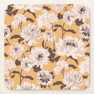 Painted White Flowers Floral Pattern Square Paper Coaster