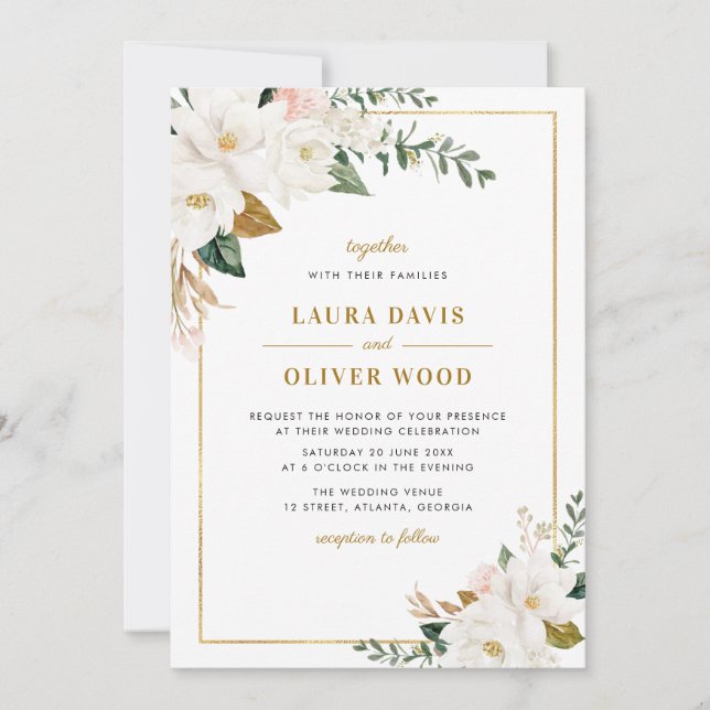 Painted white magnolia floral wedding invitation (Front)