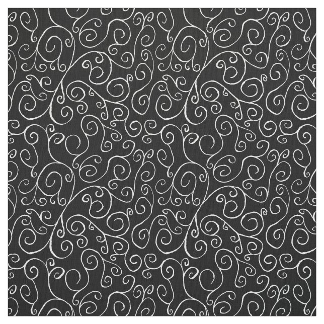 Painted White Scrolling Curves on Black Fabric (Swatch)