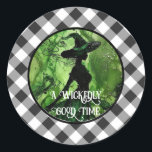 Painted Wickedly Good Witch Black Gingham Plaid Classic Round Sticker<br><div class="desc">Painted Wickedly Good Witch Black and White Gingham Plaid Classic Round Stickers - These stickers feature a green and black painting of a witch in an enchanted forest on top of a white and black gingham chequered plaid pattern. Perfect for any age girl or woman's birthday or for a Halloween...</div>