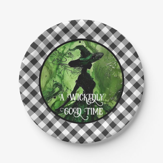 Painted Wickedly Good Witch Black Gingham Plaid Paper Plate (Front)