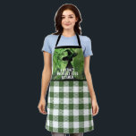 Painted Wickedly Good Witch Green Gingham Plaid  Apron<br><div class="desc">Painted Wickedly Good Witch Green Gingham Plaid Apron- This apron features a green and black painting of a witch in an enchanted forest on top of a white and green gingham chequered plaid pattern. Designed for those who loves dark fantasy and spooky things.</div>