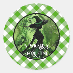 Painted Wickedly Good Witch Green Gingham Plaid Classic Round Sticker