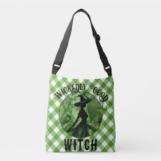 Painted Wickedly Good Witch Green Gingham Plaid Crossbody Bag (Front)