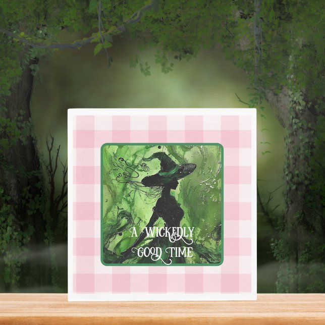 Painted Wickedly Good Witch Green & Pink Gingham Napkin (Creator Uploaded)