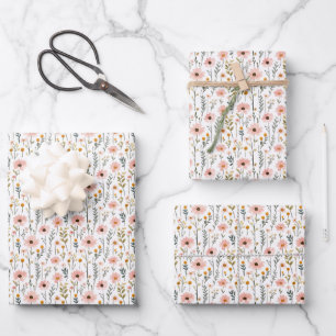 Painted Wildflowers on White Wrapping Paper Sheet