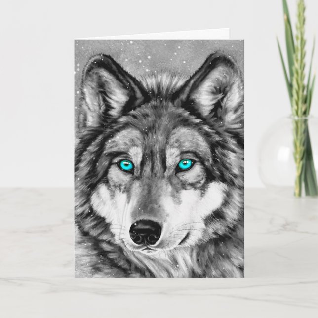 Painted Wolf Grayscale Season's Greetings Card (Front)