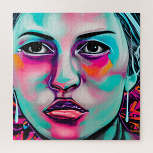 Painted Women's Face and Tear   Teal and Pink Art Jigsaw Puzzle