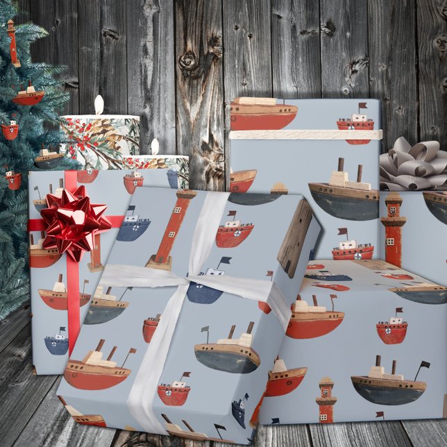 Painted Wooden Boats & Lighthouses 2 Wrapping Paper (Painted Wooden Boats & Lighthouses 2 Wrapping Paper in 6 & 15 foot long 30 inch wide rolls)
