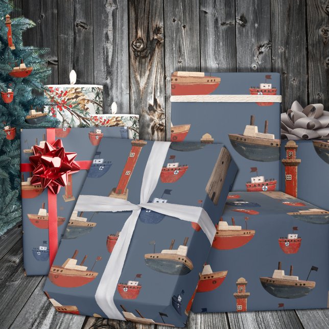 Painted Wooden Boats & Lighthouses Wrapping Paper (Painted Wooden Boats & Lighthouses Wrapping Paper in 6 & 15 foot long 30 inch wide rolls)
