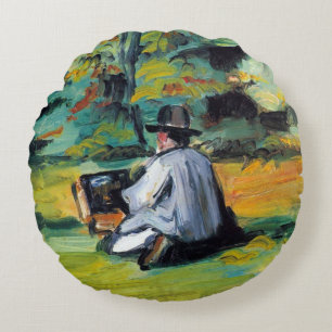 Painter at Work by Paul Cezanne, Vintage Fine Art Round Cushion