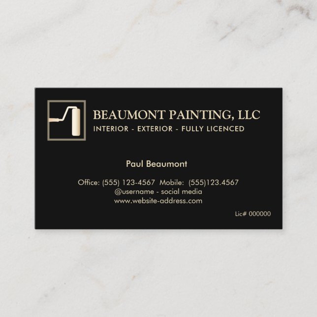 Painter Black Gold Paint Roller  Business Card (Front)