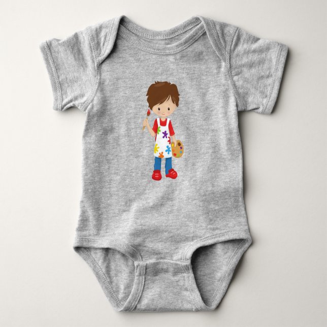Painter, Paint Artist, Cute Boy, Brown Hair Baby Bodysuit (Front)