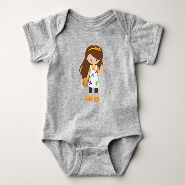 Painter, Paint Artist, Cute Girl, Brown Hair Baby Bodysuit (Front)
