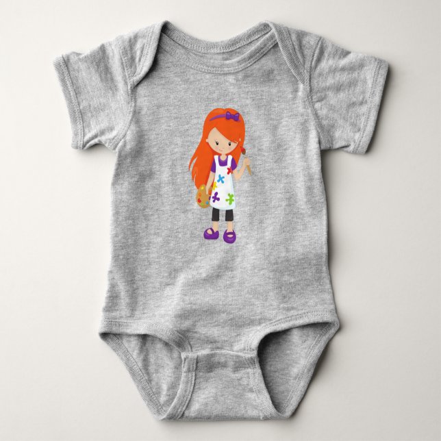 Painter, Paint Artist, Cute Girl, Orange Hair Baby Bodysuit (Front)