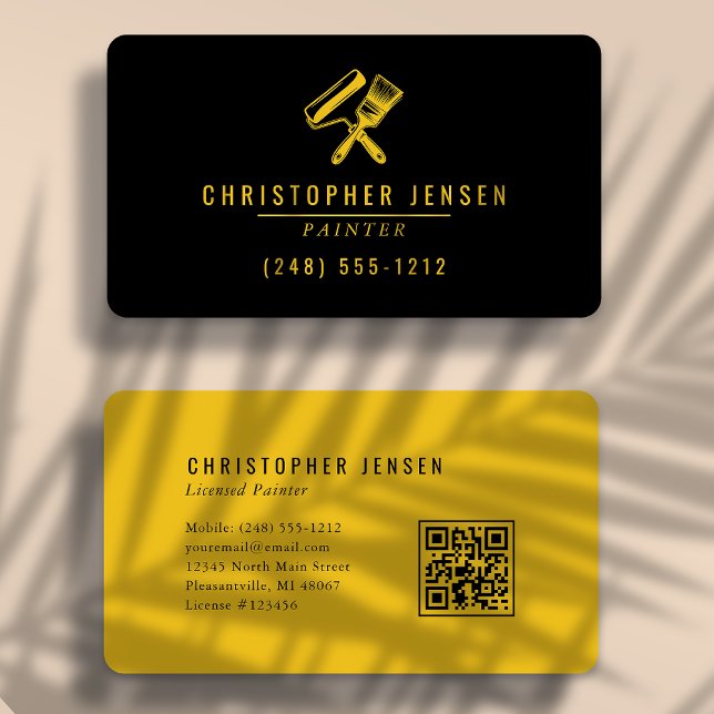 Painter QR Code Bold Black Yellow Rounded Painting Business Card (Creator Uploaded)
