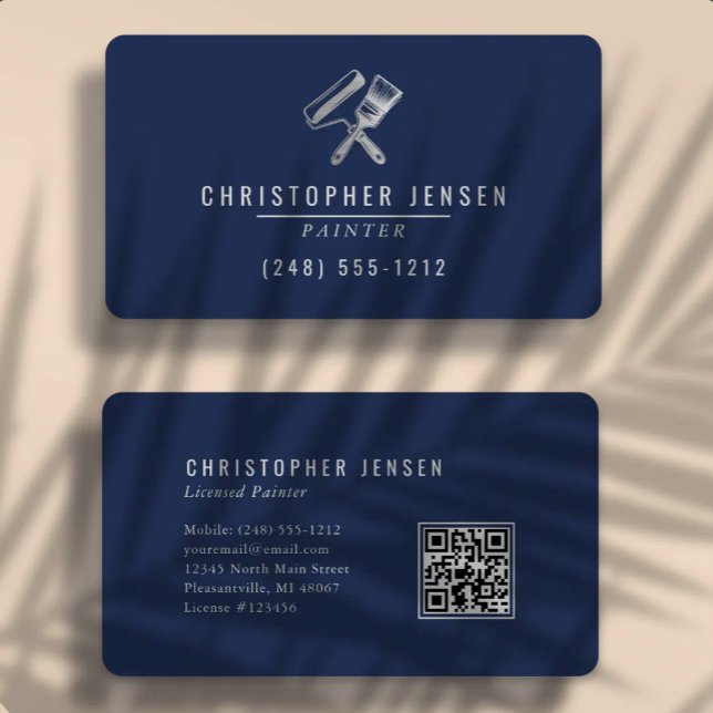 Painter QR Code Navy Blue Silver Rounded Painting Business Card (Creator Uploaded)