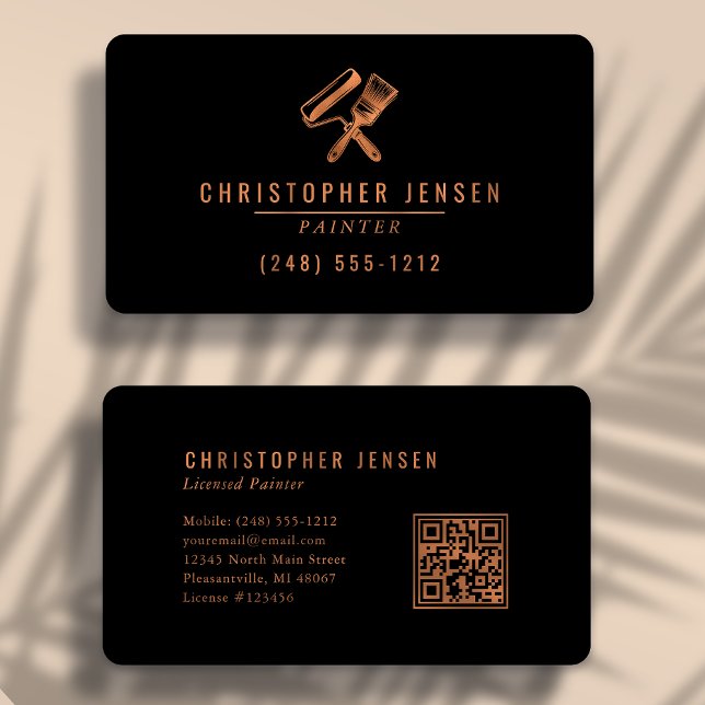 Painter QR Code Painting Black Copper Rounded Business Card (Creator Uploaded)