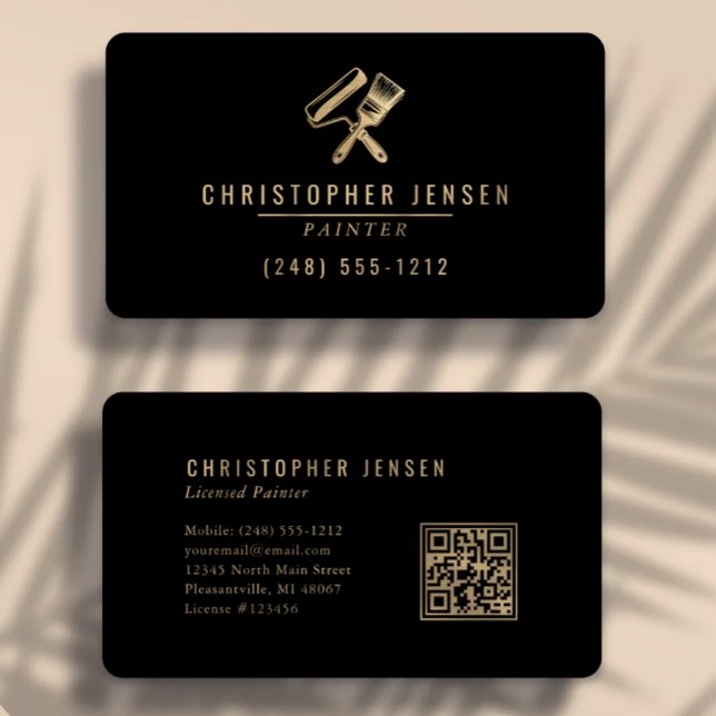 Painter QR Code Painting Black Gold Rounded Business Card (Creator Uploaded)
