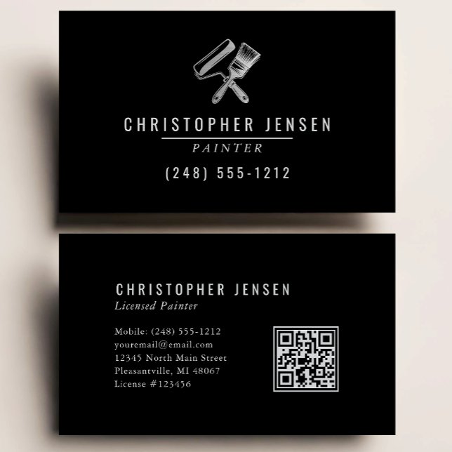 Painter QR Code Painting Business Black Silver Business Card (Creator Uploaded)