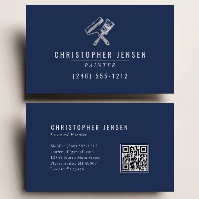 Painter QR Code Painting Business Navy Blue Silver Business Card (Creator Uploaded)
