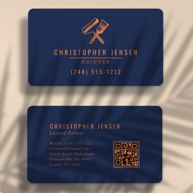 Painter QR Code Painting Navy Blue Copper Rounded Business Card (Creator Uploaded)