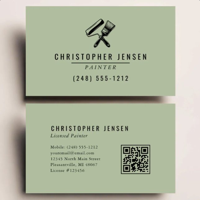 Painter QR Code Sage Green Black Painting Business Card (Creator Uploaded)