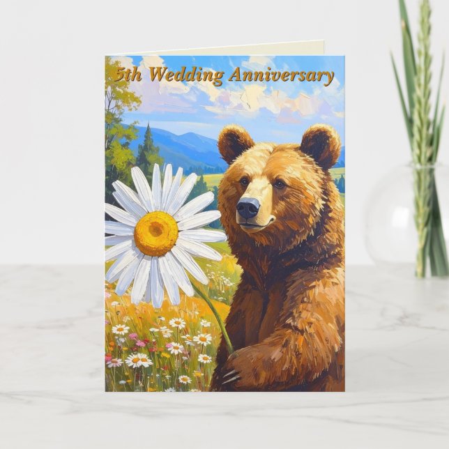 Painterly Bear Daisy Meadow 5th Wedding Anniv. Card (Front)