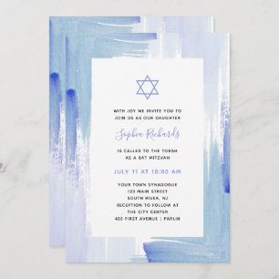 Painterly Blue Watercolor Bat Mitzvah Invitation