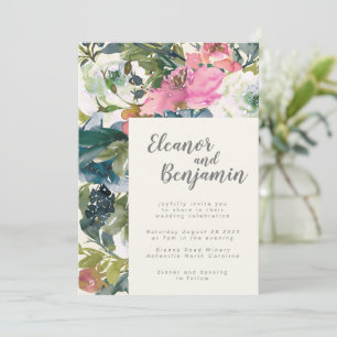 Painterly Botanical Watercolor Pink Green Wedding Invitation