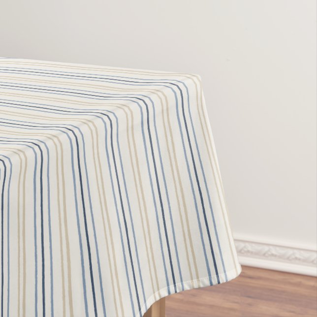 Painterly Coastal Blue and Sand Pinstripe Pattern Tablecloth (In Situ)